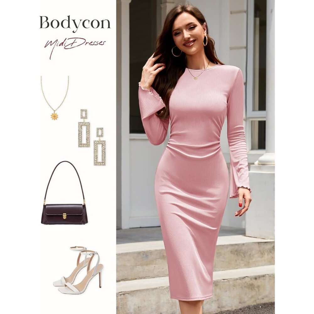 Women's Ribbed Knit Bodycon Midi Dress Long Sleeve Feminine Elegant Fashion - Picture 5 of 7